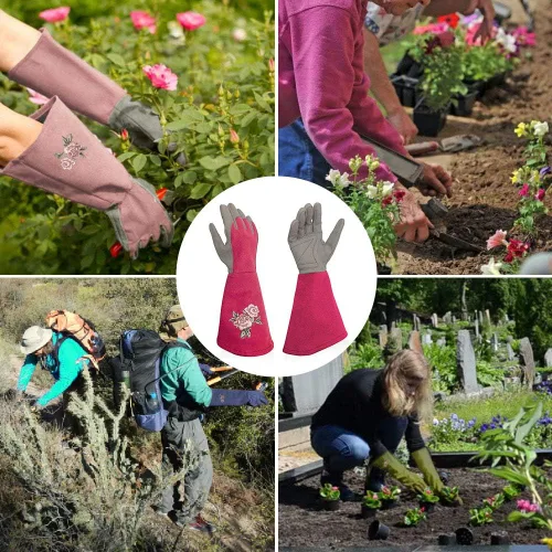 Vista 6 de Rose Pruning Gloves with Forearm Protection, Thorn Resistant Embroidery Design with Extra Long Cuff for Gardening and Pruning Tasks Rosa rojo