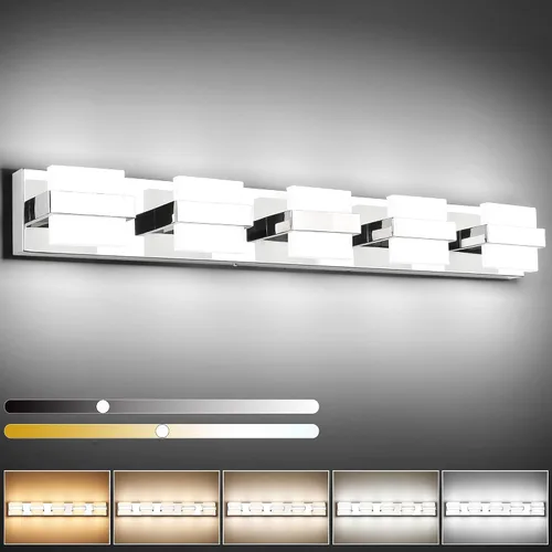 Vista 15 de SOLFART Lámpara de baño cromada de 3 luces, luz de tocador sobre el espejo, lámparas LED modernas, 5 colores de temperatura ajustable moderna