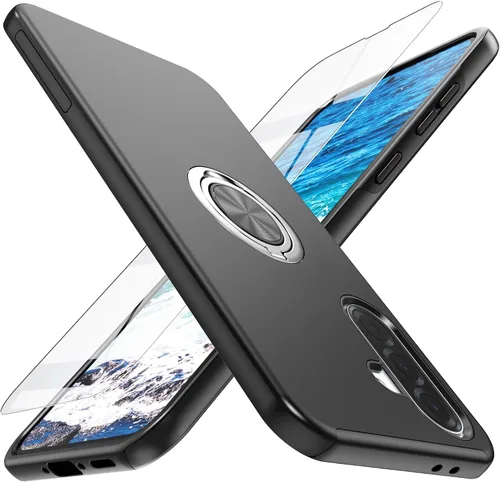 Vista 14 de Funda para Galaxy A13 5G con protector de pantalla (vidrio templado), funda híbrida 2 en 1 protectora delgada y resistente con anillo magnético Negro