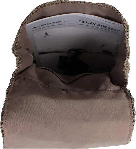 Vista 4 de Mochila tejida hecha a mano de paja mediana para mujer, con solapa, con cordón, bolsa de playa, Gris, Mochilas Daypack