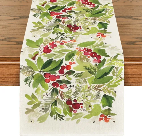 Vista 7 de Artoid Mode Camino de Mesa Navideño de Acebo en Acuarela, Decoración de Mesa de Cocina y Comedor de Temporada Navideña de Invierno para Interiores