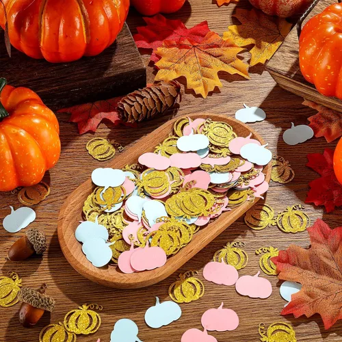 Vista 6 de 500 piezas de decoración de otoño para revelación de género, confeti de calabaza, suministros de fiesta de baby shower, confeti con purpurina