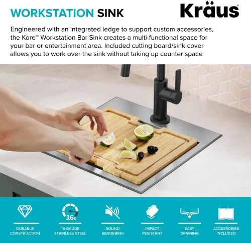 Vista 4 de KRAUS Kore KWT321-15 - Fregadero de cocina o bar con estación de trabajo, 15 pulgadas, montaje directo, cuenco individual, de acero inoxidable