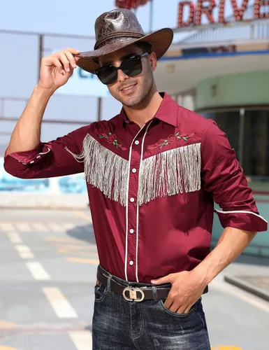 Vista 3 de TURETRENDY Camisa de manga larga con flecos de vaquero occidental para hombre, con bordado de rosas, ajustada, con botones