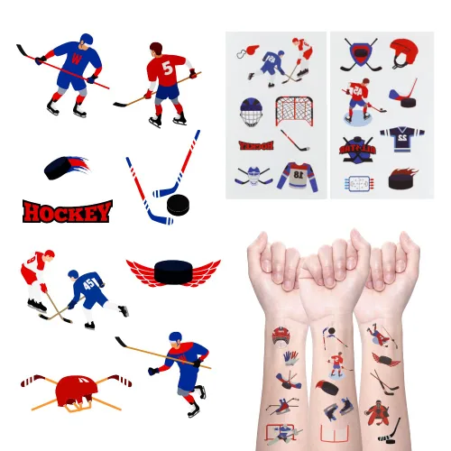 Vista 5 de 24 hojas de tatuajes temporales de hockey sobre hielo, decoraciones de cumpleaños, recuerdos de fiesta de hockey