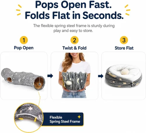 Vista 5 de Túnel Tubo para Gatos con Juguetes de Pelotas de Felpa Plegable Auto-Luminoso Fotoluminiscencia, para Mascotas Pequeñas Conejitos Conejos, Gatitos