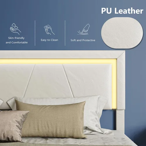 Vista 7 de Base de cama Queen con cabecera ajustable, plataforma tapizada con luces LED RGB, 4 cajones de almacenamiento y estación de carga (1 USB 1 tipo C)
