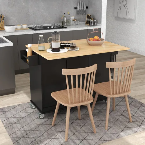 Vista 2 de Carrito móvil de isla de cocina de 52.7 pulgadas con organizadores y almacenamiento superior de madera maciza y ruedas de bloqueo, armario