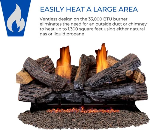 Vista 2 de Duluth Forge DLS-30R-2 Juego de troncos de chimenea sin ventilación de combustible dual con control remoto, uso con gas natural o propano líquido