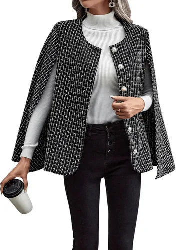 Vista 5 de WDIRARA Chaqueta con estampado a cuadros para mujer, cuello redondo, botones frontales, chaqueta tipo capa