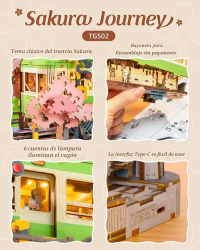 Vista 5 de Rolife Sakura Journey Tram - Rompecabezas de madera 3D para adultos, kits de construcción de modelos de bricolaje con luces LED, regalo creativo