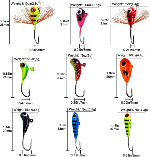 Vista 5 de THKFISH Plantillas de pesca en hielo Señuelos de pesca en hielo Equipo de pesca en hielo Kit de aparejos de pesca pequeños Crappie Panfish Jigs