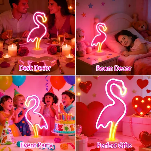 Vista 4 de YSMNDE Letrero de neón de flamenco, letrero de luz LED rosa para decoración de habitación de niñas, luces nocturnas de funcionamiento USB/batería