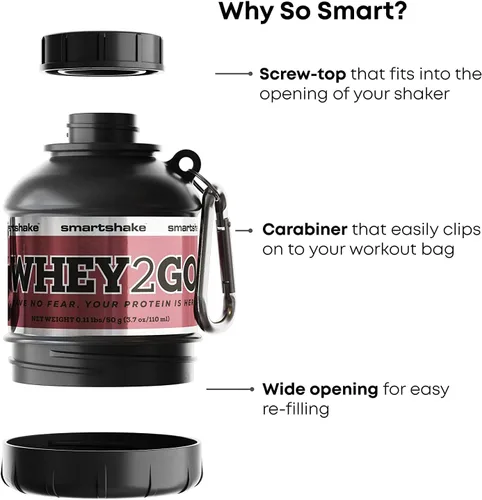 Vista 2 de Smartshake Whey2Go - Recipiente de almacenamiento de proteína negra en polvo de 1.76 oz, embudo de botella agitadora sin BPA para proteína de suero
