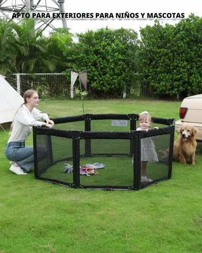 Vista 2 de Puerta Corralito Extra Ancha para Bebés con Malla Resistente al Calor, Valla Plegable de 8 Paneles para Bebés, Barrera de Seguridad