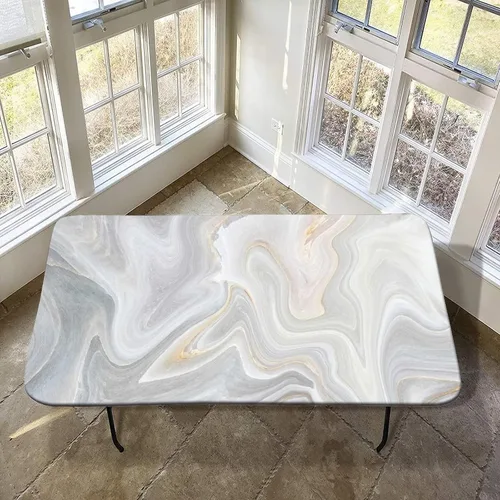 Vista 14 de XISUNYA Mantel de poliéster elástico ajustable con diseño de mármol, 24 x 36 pulgadas, mantel rectangular para mesa plegable de 3 pies, tonos