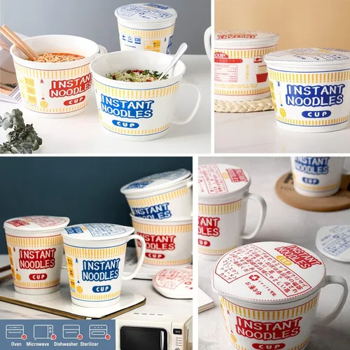 Vista 7 de Cuenco de fideos instantáneos de cerámica con tapa, taza creativa para sopa de ramen, cuenco para almuerzo para estudiantes (color azul, tamaño: S)