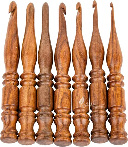 Vista 5 de INTAJ Gancho de ganchillo de madera hecho a mano – Juego de ganchos de ganchillo de aguja de palisandro – Aguja de tejer para manualidades de hilo