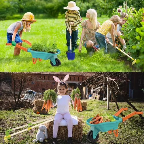 Vista 2 de Qtioucp - Juego de herramientas de jardinería para niños, juguetes al aire libre, juego de patio trasero con carretilla, juguetes educativos STEM