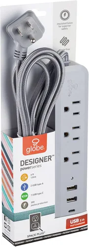 Vista 6 de Globe Electric Designer Series 78551 - Regleta de alimentación USB con protector de sobretensiones de 3 tomas, 2 puertos USB-A, 1 puerto USB-C