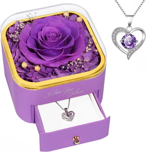 Vista 14 de Beferr Regalos de cumpleaños para mujeres, rosa real preservada con collar, rosas moradas eternas, flores para la entrega, aniversario, día de la A