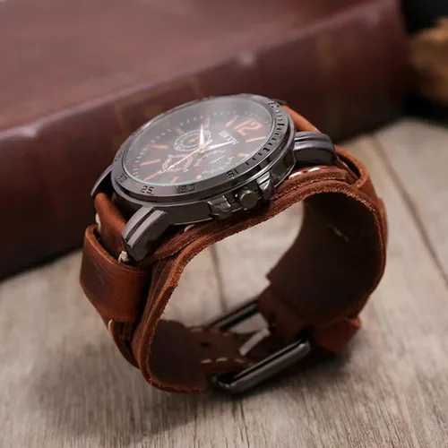 Vista 5 de MINILUJIA Hecho a mano cosido con cuerda de cera para hombre, relojes vintage punk hiphop gótico ancho de cuero brazalete redondo de cuarzo reloj
