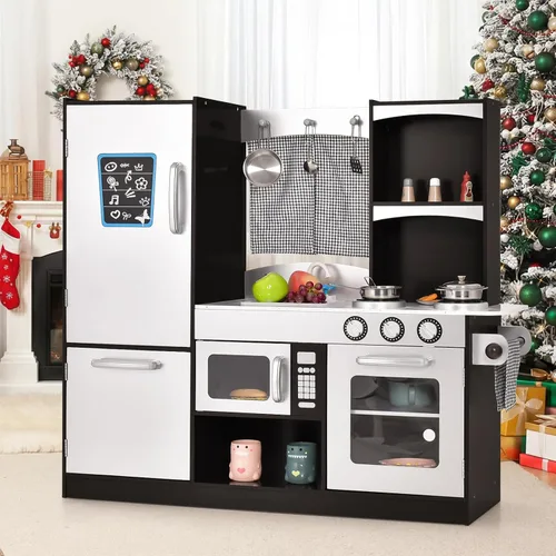 Vista 8 de Honey Joy - Juego de cocina para niños - Cocina de juguete de madera con microondas, estufa, fregadero, grifo, cortina, alacena y estante, regalo