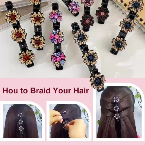 Vista 5 de 4 piezas de pinzas de pelo con cristales brillantes trenzadas para niñas, 2025 pinzas de pelo para mujeres, pinzas de pelo para cabello fino, grueso