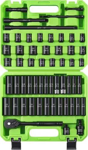 Vista 8 de Reniteco Juego de 25 piezas de llaves de casquillo de 1/2" de transmisión, SAE (3/8"- 1-1/2"), casquillos profundos, barras de extensión, reductor