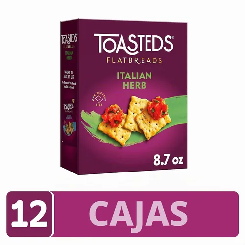 Vista 4 de Toasteds Galletas de pan plano, aperitivos para el almuerzo, aperitivos de fiesta, hierbas italianas (12 cajas)