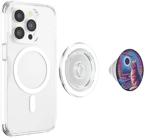 Vista 4 de Eclipse solar de gato - Synthwave Retro Poster Style PopSockets MagSafe PopGrip para iPhone
