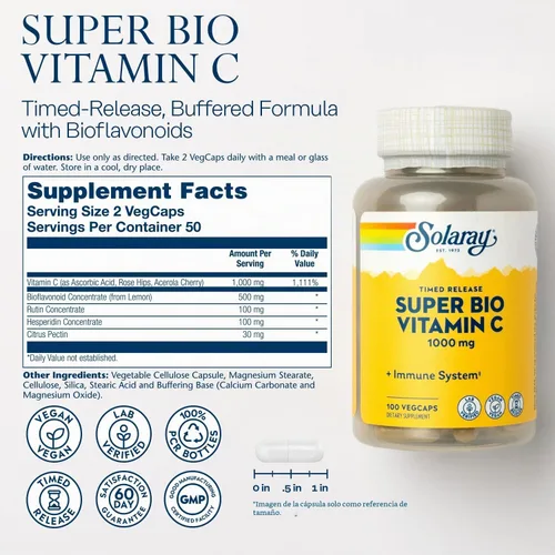 Vista 2 de SOLARAY Vitamina C tamponada Super Bio de 1000 mg, vitamina C de liberación temporal de dos etapas con bioflavonoides, suplemento de apoyo