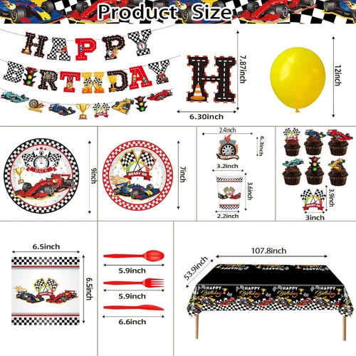 Vista 3 de Las decoraciones de fiesta de cumpleaños de coche de carreras incluyen platos, servilletas, tazas, tenedores, cuchillos, cucharas, pancartas