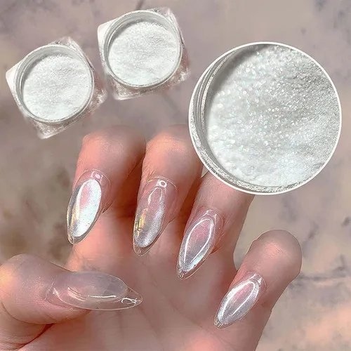 Vista 2 de 2 polvos de uñas de cromo perlado, aurora transparente hielo, pigmento iridiscente camaleón blanco para uñas, purpurina nacarada de alto brillo