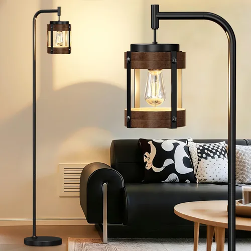 Vista 10 de Lámpara de pie industrial de 67 pulgadas con pantalla de madera y metal negro, lámpara de pie moderna, lámpara alta rústica para sala de estar