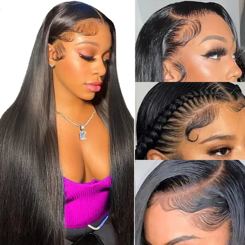 Vista 12 de Mengkai Pelucas de 28 pulgadas de encaje frontal liso de cabello humano, sin pegamento, prearrancadas con cabello de bebé, 13x4 de oreja a oreja