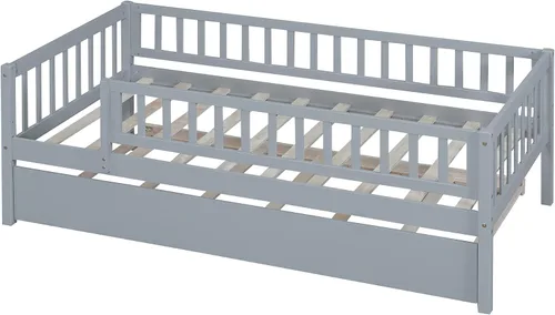 Vista 6 de Base de cama de tamaño individual con barandillas nido y vallas, camas infantiles de madera estilo Montessori con soporte de tablillas, sofá cama