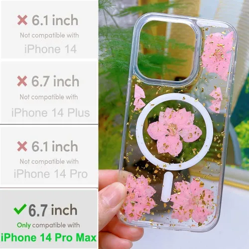 Vista 2 de Abbery Funda magnética para iPhone 14 Pro Max de 6.7 pulgadas, compatible con MagSafe Cute Clear with Design Glitter Sparkle Real Dry Pressed Flower