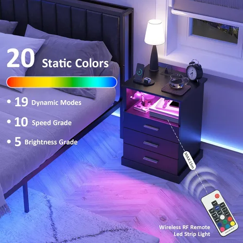 Vista 7 de Juego de 2 mesitas de noche negras con estación de carga, luces LED, mesa auxiliar con 3 cajones, mesa auxiliar moderna con tiras USB