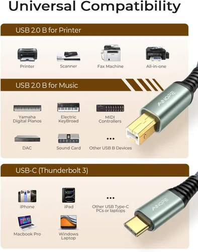 Vista 6 de AINOPE Cable de impresora, cable MIDI USB 2.0 trenzado de nailon de alta velocidad para computadora, tipo C/gris/6.6 pies