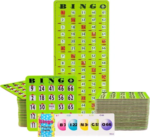 Vista 15 de MR CHIPS Juego completo de bingo con tarjetas obturadoras a prueba de atascos, edición verde de fácil lectura, 25 tarjetas de bingo reutilizables