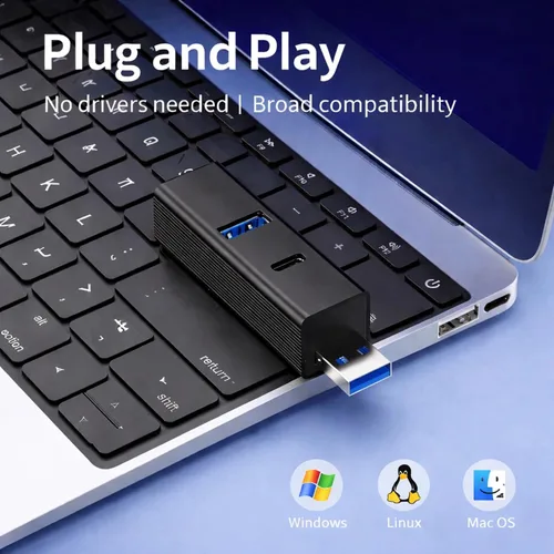 Vista 5 de Hub USB de 4 puertos, divisor USB de aluminio para portátil con puerto de alimentación de 5 V, adaptador extensor mini USB para PC, portátil, unidad