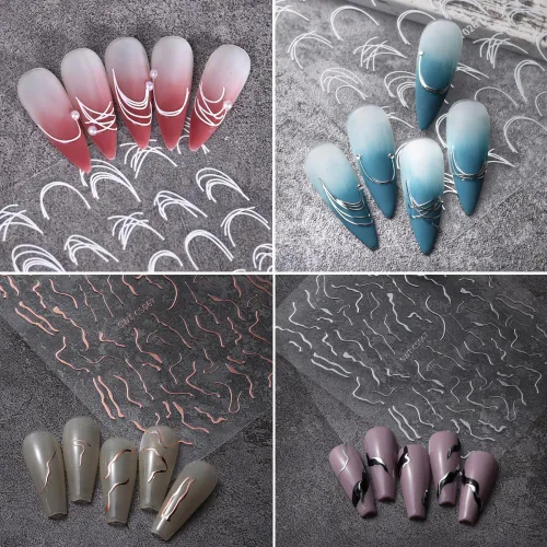 Vista 2 de Calcomanías de arte de uñas, calcomanías de uñas de línea de rayas francesas, calcomanías de puntas francesas 3D, calcomanías de arte de uñas