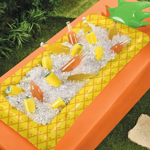Vista 2 de Hielera inflable de piña – 4.5 x 25 x 70.8 pulgadas Diseño vibrante de vinilo amarillo y verde – perfecto para fiestas de Luau y verano, 1 unidad
