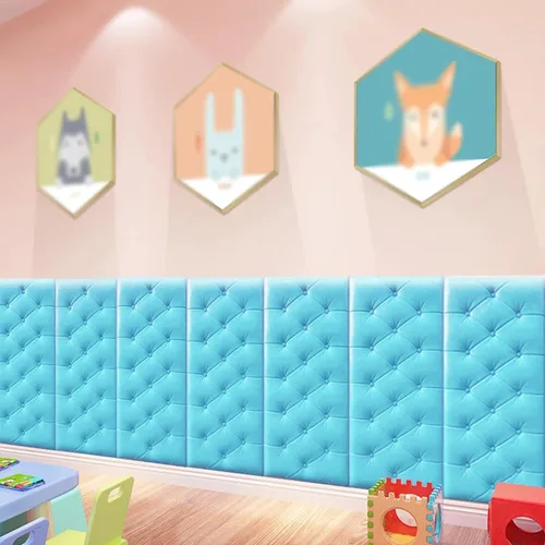 Vista 3 de Paneles de pared 3D para despegar y pegar, calcomanías de pared anticolisión impermeables para el hogar, tapete protector de pared suave para Azul