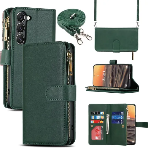 Vista 16 de Cavor Funda tipo cartera cruzada para Samsung Galaxy S22 Plus, color negro Funda de cuero con cierre magnético con cremallera y función atril TPU