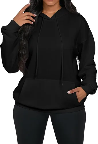 Vista 2 de Sudadera casual con capucha para mujer, cuello redondo, ligera, de manga larga, con bolsillos