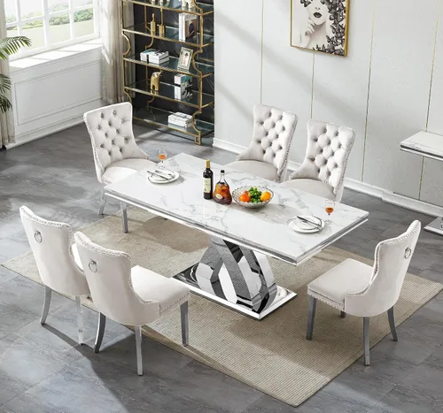 Vista 3 de Henf Mesa de comedor de mármol sintético de 68 pulgadas para 4-6 personas, mesa rectangular moderna con parte superior de mármol blanco y base