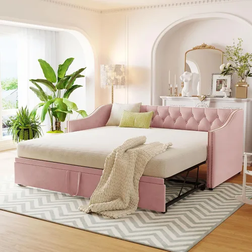 Vista 10 de Harper & Bright Designs Sofá cama extensible de terciopelo de tamaño individual con nido desplegable, marco de sofá cama individual a King con Gris