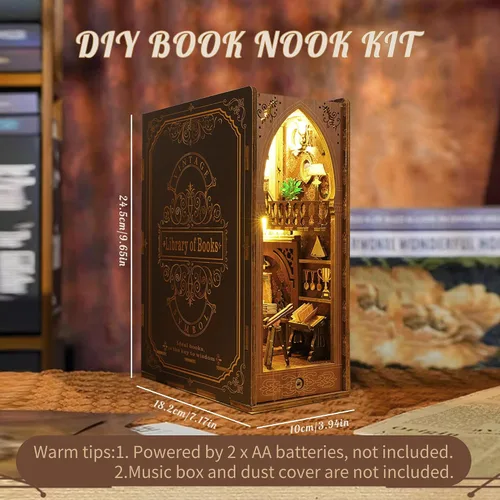 Vista 5 de Kit de Rincón de Libros, MOJINO Rompecabezas 3D en Miniatura DIY Sujetalibros de Madera Casa de Muñecas con Luces LED para Decoración de Estantería